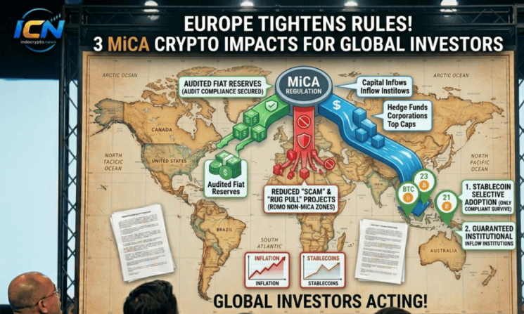 Regulasi MiCA Crypto World map infographic presentation on stage detailing the 3 MiCA Crypto impacts for global investors, featuring stablecoin selective adoption and institutional capital inflows with the ICN logo.
