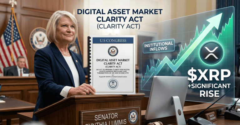 Senator Cynthia Lummis memegang dokumen CLARITY Act di Kongres AS, disandingkan dengan grafik lonjakan harga XRP yang signifikan.