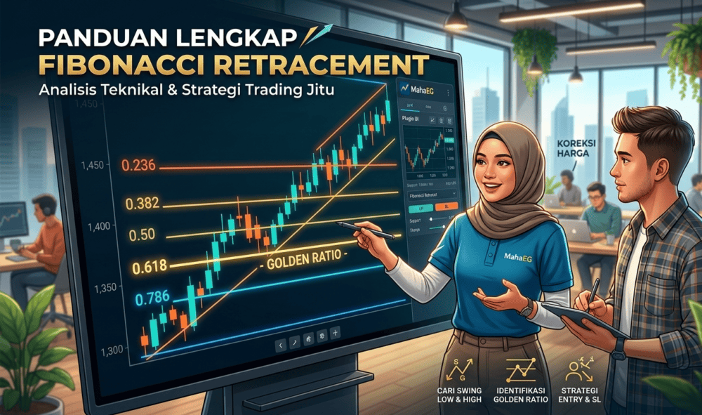 Infografis panduan Fibonacci Retracement menampilkan grafik candlestick trading dengan level rasio emas dan dua orang sedang menganalisis strategi teknikal.