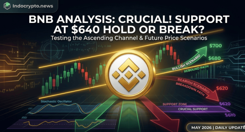 Analisa Harga BNB grafik harga harian dengan indikator teknikal ascending channel dan logo Indocrypto news