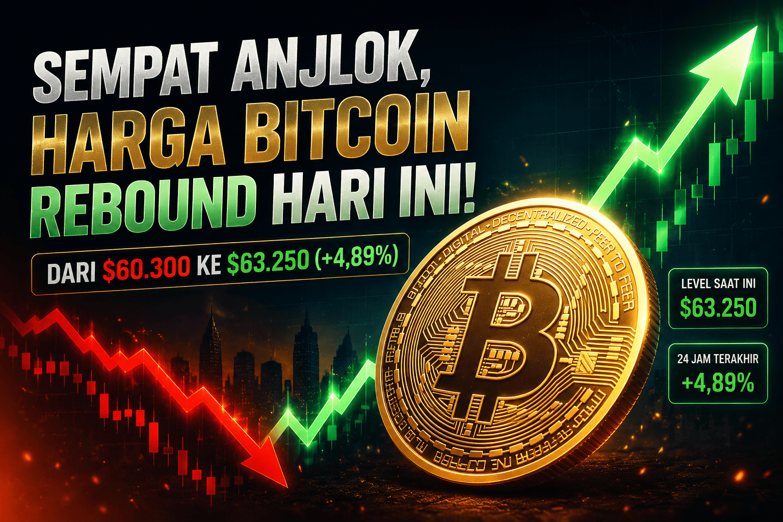 Ilustrasi Bitcoin rebound dengan koin Bitcoin emas di tengah, grafik candlestick hijau naik, dan panah hijau menunjukkan kenaikan harga dari $60.300 ke $63.250.